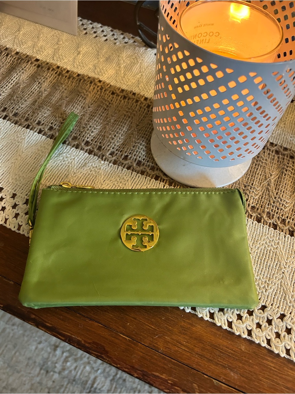 Tory Burch Lime Green Leather Wristlet with Gold Logo